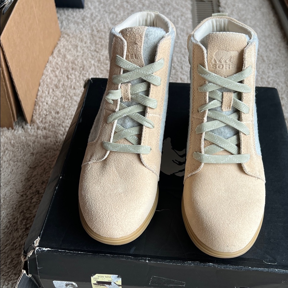 NEW SOREL EVIE WEDGE ANKLE LACE BOOTIE WOMEN'S Ceramic/Natural 8